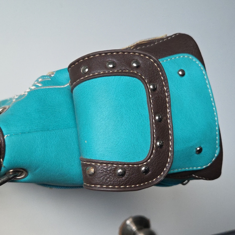 Western Rhinestone Turquoise Brown Conceal Carry Buckle Floral Women's Handbag - Picture 7 of 16
